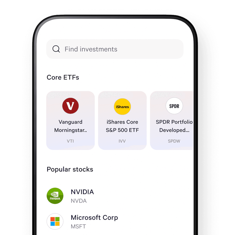 Wealthfront app showing core ETFs and popular stocks